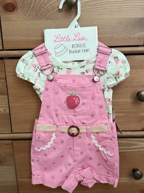 Little Lass Pink Strawberry Embroidered Girls' Short Overalls with Floral Tee